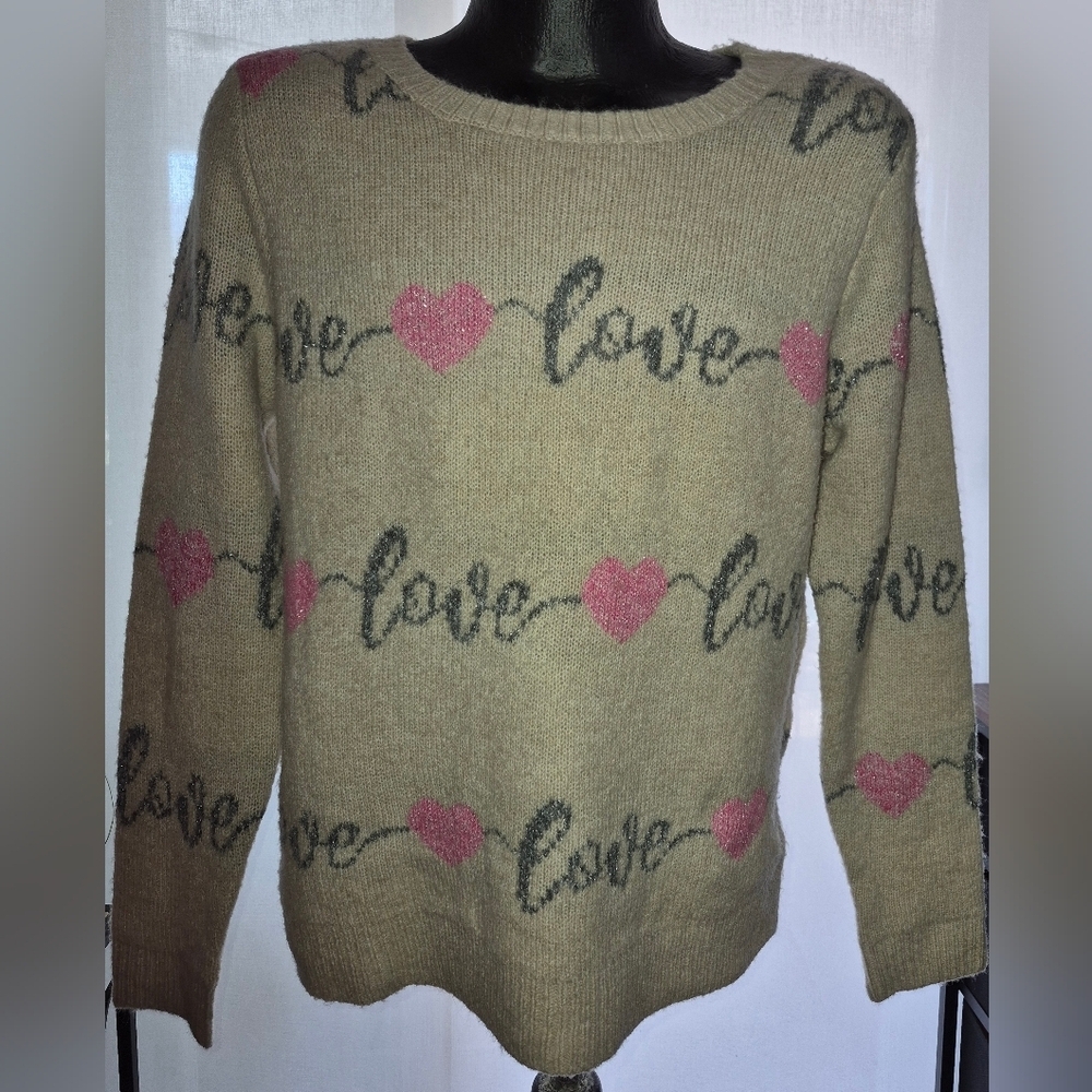Cupcakes and Cashmere Womens Cream & Pink Heart Long Sleeve Sweater Size Medium